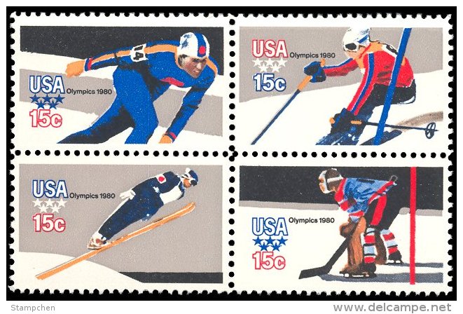 1980 USA Winter Olympic Games Stamps Sc#1795-98 1798b Sport Skating Skiing Ski Jump Ice Hockey - Skiing