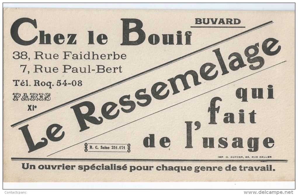 Le Ressemelage  "   CHez  Le  BOUIF   " 38 Rue Faidherbe  - 7 Rue Paul  Bert  Paris ( 11e )  -   Ft  =  22 Cm  X 12.5 Cm - Chaussures