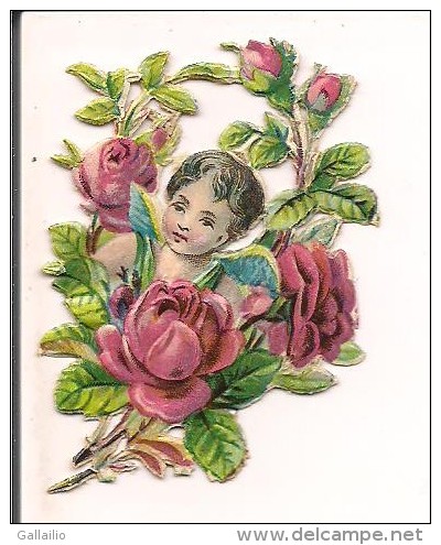 CHROMO DECOUPIS  ENFANT ENTOURE DE  FLEUR ROSE - Enfants