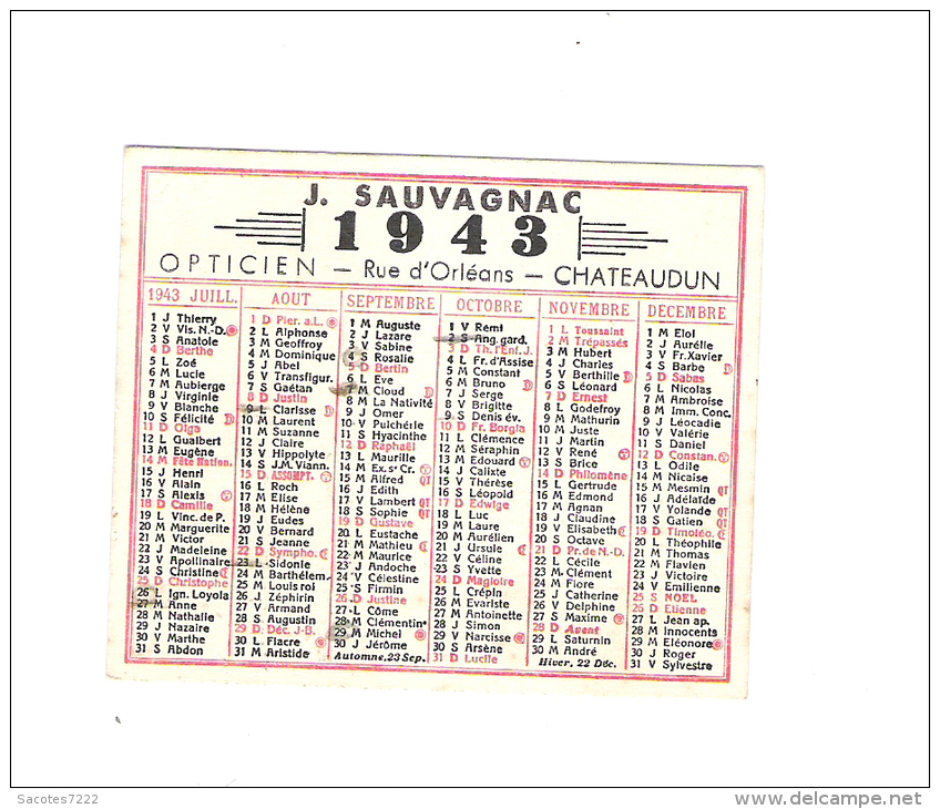 PETIT CALENDRIER 1943 - SAUVAGNAC CHATEAUDUN - HORLOGER - - Petit Format : 1941-60