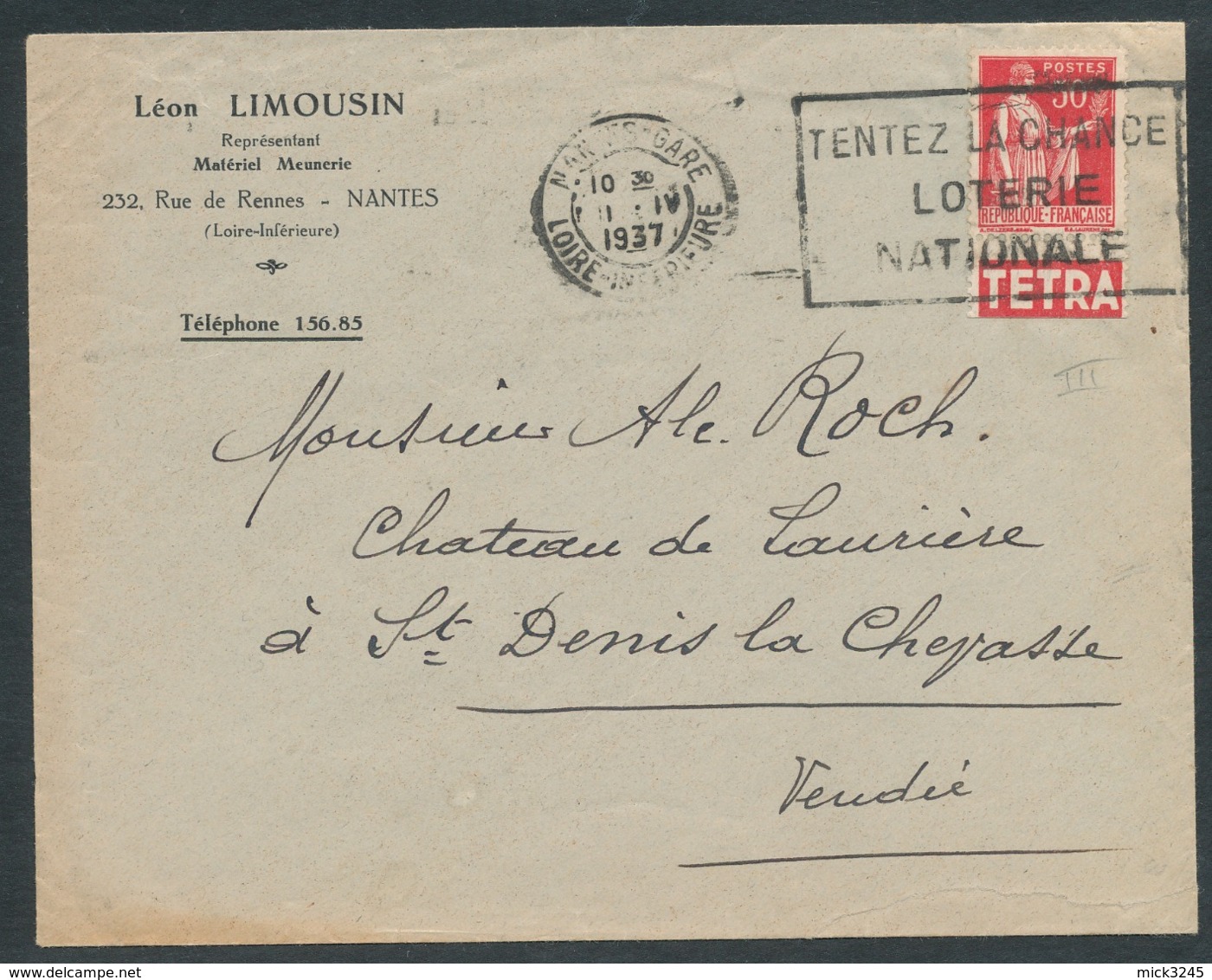 Paix 50c Rouge Type III Avec Pub Tétra Sur Lettre De Nantes Pour Saint-Denis-la-Chevasse (Vendée) - Lettres & Documents