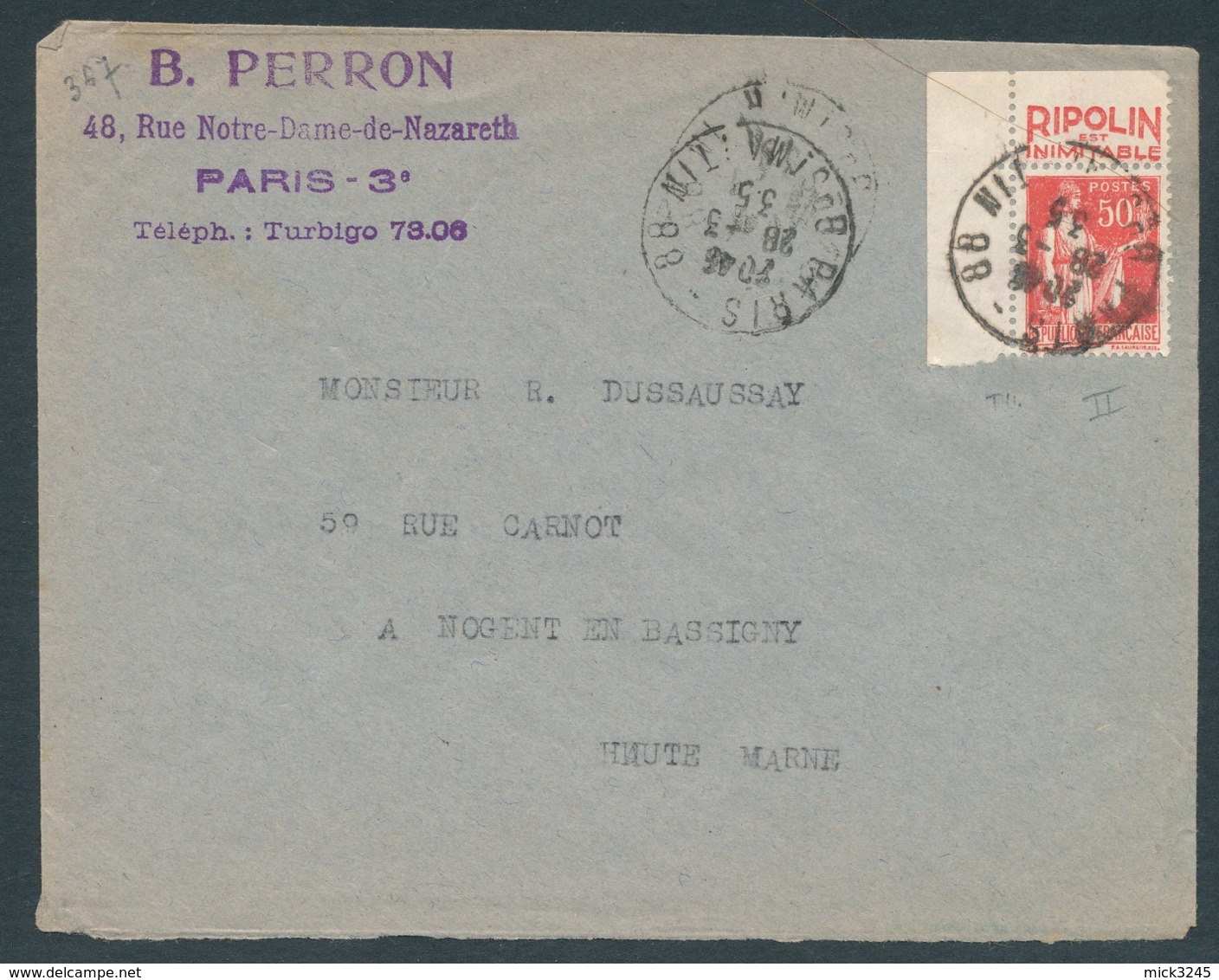 Paix 50c Rouge Type II Avec Pub Ripolin Sur Lettre De Paris Pour Nogent En Bassigny (Haute Marne) - Covers & Documents