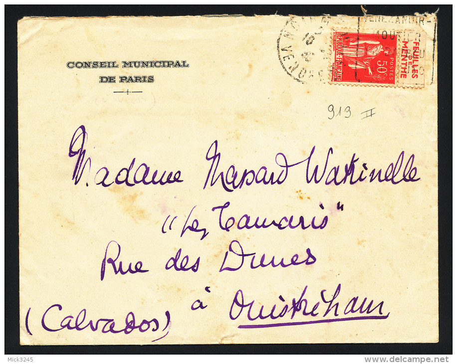 Paix 50c Rouge Type II Avec Pub Ricqlès Sur Lettre De Paris Pour Ouistréham - Cartas & Documentos