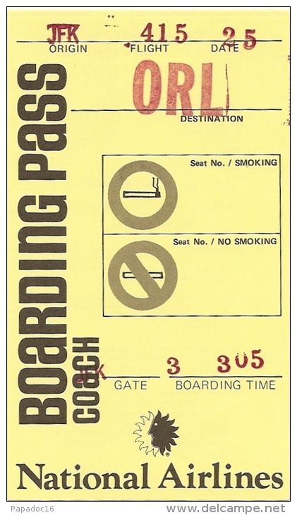 Boarding Pass - National Airlines  - JFK [New York] ==&gt;&gt; Orly [= Ronald Reagan Washington National Airport] 1976 - Monde