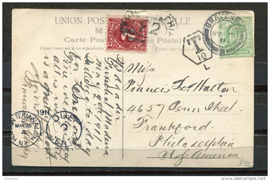 Great Britain 1911 Postal Card To USA Mixed Frankage USA Postage Due - Brieven En Documenten