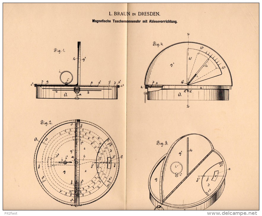 Original Patentschrift - L. Braun In Dresden , 1895 , Taschen . Sonnenuhr , Sonne , Sundial , Cadran Solaire !!! - Watches: Old