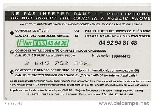 CARTE-PREPAYEE-EUROTEL-50F-MONTGOLFIERES-MAI-1998--V°N° Vert A GAuche- N° Sur FOND Blanc- GRATTE E- T BE- - Autres & Non Classés