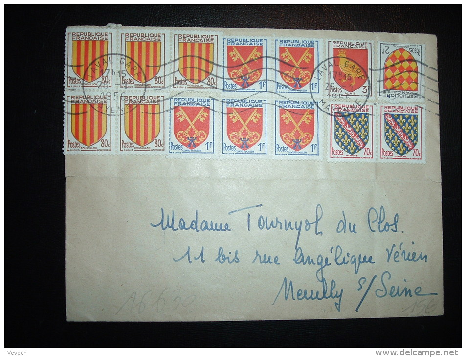 LETTRE TP BLASONS AUNIS 3F + ANGOUMOIS 2F + COMPTAT VENAISSIN 1F X5 + ROUSSILLON 80C X5 +MARCHE 70C X2 OBL.MEC.26-1-1956 - 1941-66 Escudos Y Blasones