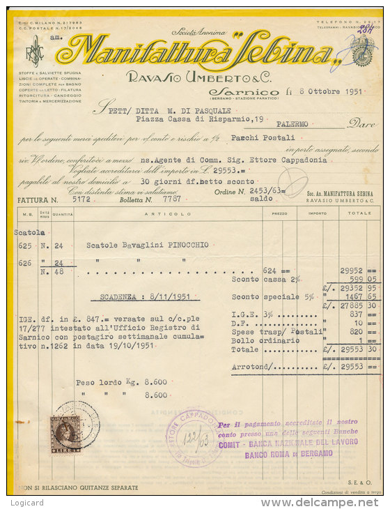SARNICO (BERGAMO) MANIFATTURA SEBINA DI RAVASIO UMBERTO & CO 1951 - Italia