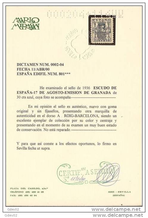 ES801-L4040TESO.España Spain Espagne. ESCUDO DE ESPAÑA.1936. (Ed 801**).sin Charnela.Magnifico,CERTIF ICADO - Autres & Non Classés