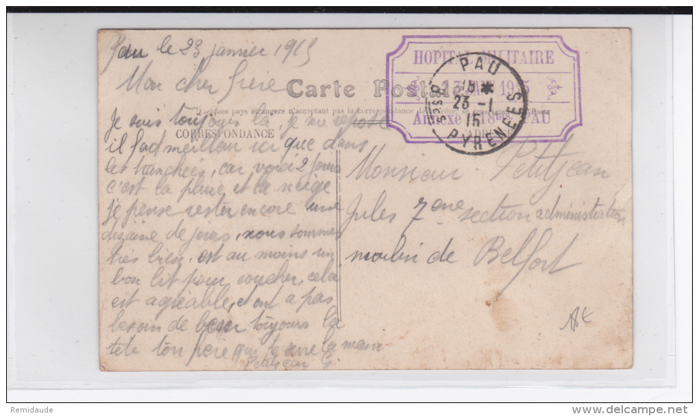 1915 - BASSES PYRENEES - CARTE FM De L´HOPITAL MILITAIRE ANNEXE N° 118 BIS (RARE) De PAU - Guerra Del 1914-18