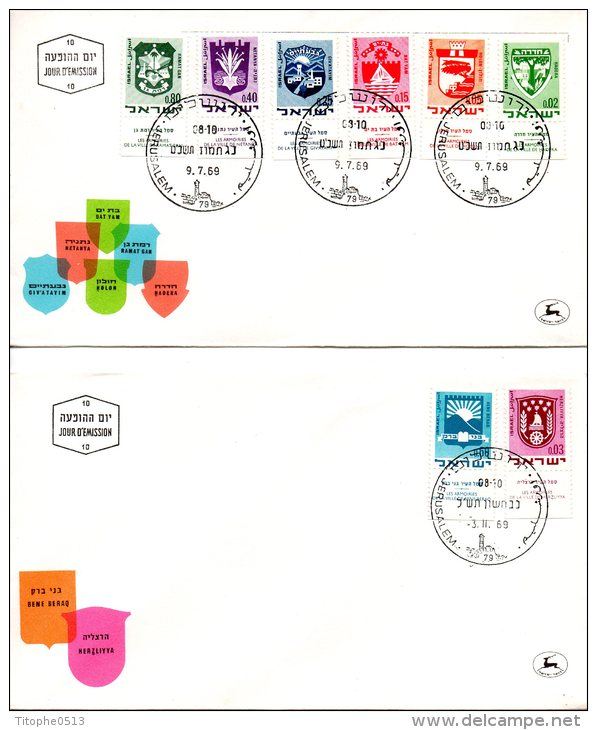 ISRAEL. N°379-86 Sur 2 Enveloppes 1er Jour (FDC's) De 1969. Armoiries De Villes. - Covers