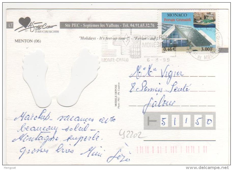 Timbre Yvert N° 2202 / Carte Du 6/8/99 De Menton - Cartas & Documentos