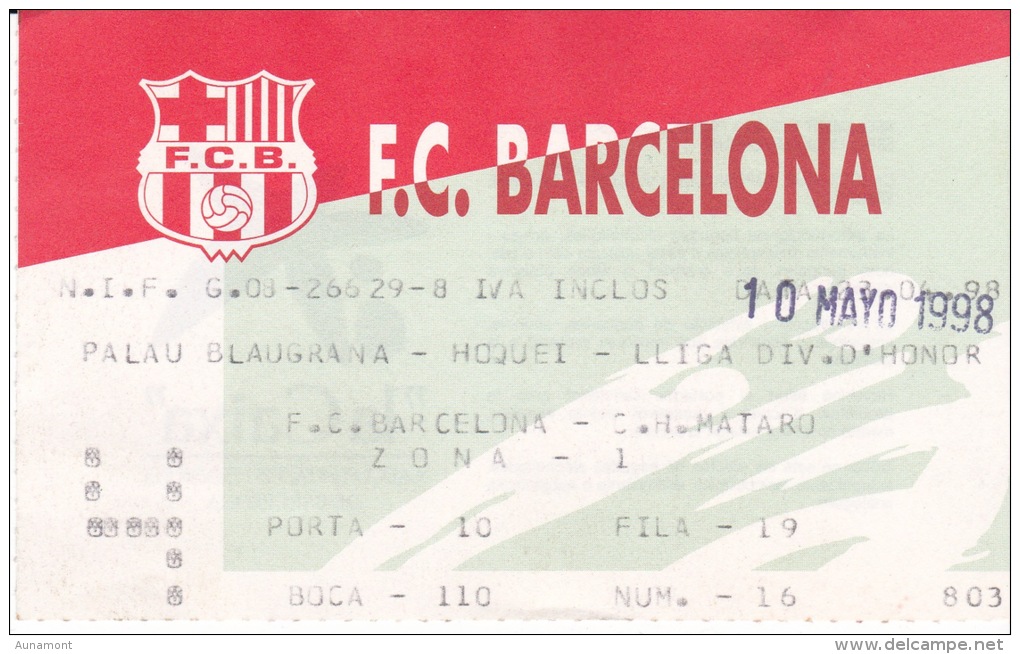 Hoquei-F.C.BARCELONA--C.H .MATARO-Liga Division De Honor-98 - Tickets - Entradas