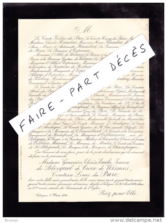 Faire-part Décès Mme Geneviève Thérèse Emilie Isaure DE BLOCQUEL DE CROIX DE WISMES, Ctesse Louis DU PARC, Valognes,1890 - Obituary Notices