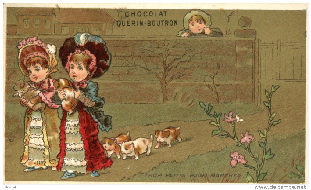 Chocolat Guérin Boutron, Chromo Lith. Vallet Minot, Fillettes, Chiots, Trop Petits Pour Marcher - Guérin-Boutron