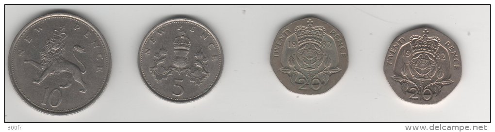 Grande Bretagne Monnaies   LOT 4  Pieces Set 4 Coins  Twenty Pence 1982, 5 New Pence 1971, 10 New Pence 1977 - Collections