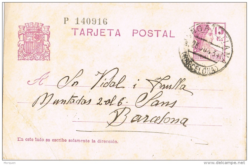 5488. Entero Postal MONGAT TIANA (barcelona) 1934. Cooperativa Obrera. Fechador Estacion. - 1931-....