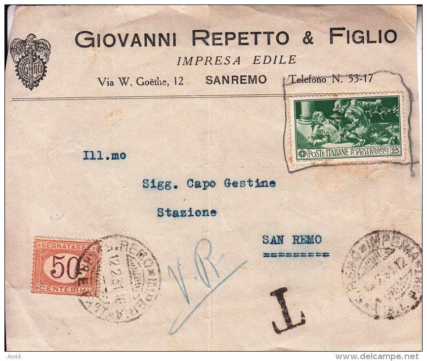 STORIA POSTALE FRONTE BUSTA POSTALE GIOVANNI REPETTO & FIGLIO IMPRESA EDILE SANREMO 12-2-1931 - Posta