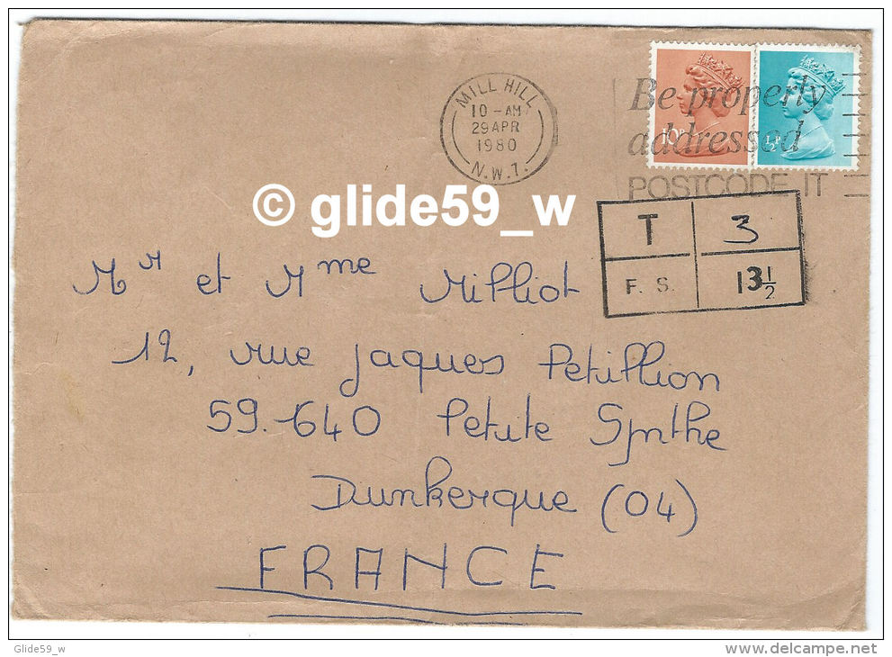 Enveloppe Adressée De Londres à Mr Et Mme MILLIOT à Petite-Synthe Dunkerque (1980) - Non Classés