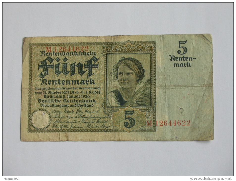 5 FÜNF  Rentenmark  - 1923  Rentenbankscheine - Germany - Allemagne ***** Billet Rare EN ACHAT IMMEDIAT ***** - 5 Rentenmark