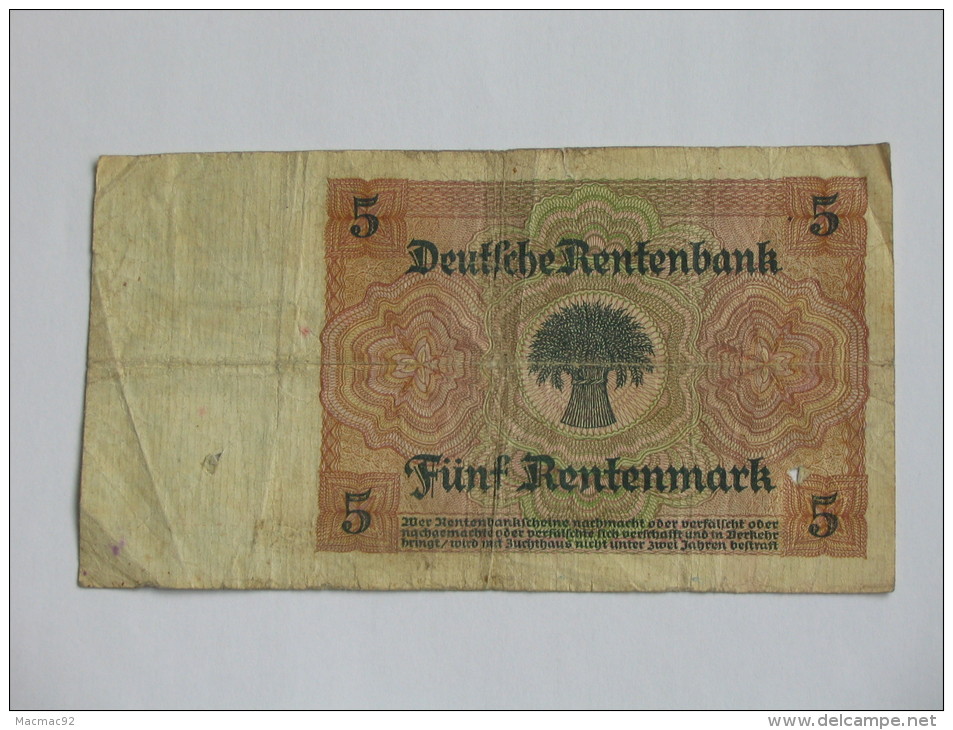 5 FÜNF  Rentenmark  - 1923  Rentenbankscheine - Germany - Allemagne ***** Billet Rare EN ACHAT IMMEDIAT ***** - 5 Rentenmark