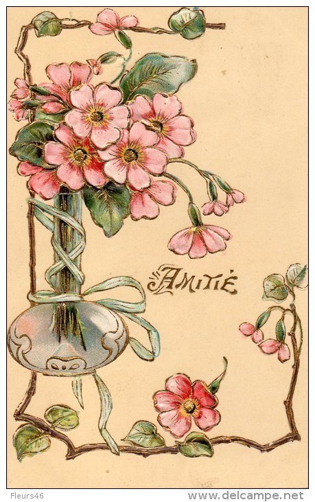 Illustrée Gaufrée Dorée Art Nouveau  : Vase De Primevères Au Ruban - Autres & Non Classés