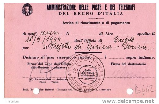 CARTOLINA -AMMINISTRAZIONE DELLE POSTE E DEI TELEGRAFI-CENT.50-POSTA AEREA-18-9-1944-DA GORIZIA A TRIESTE - Poste Aérienne