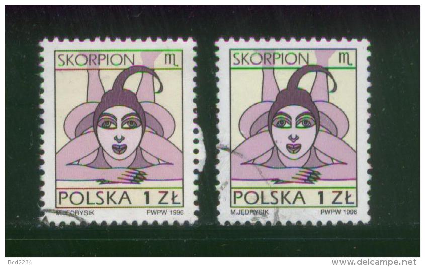 POLAND 1996 SIGNS OF THE ZODIAC ISSUE SCORPIO SCORPION USED BOTH ORDINARY & FLUORESCENT PAPER VARIETIES - Astrologie