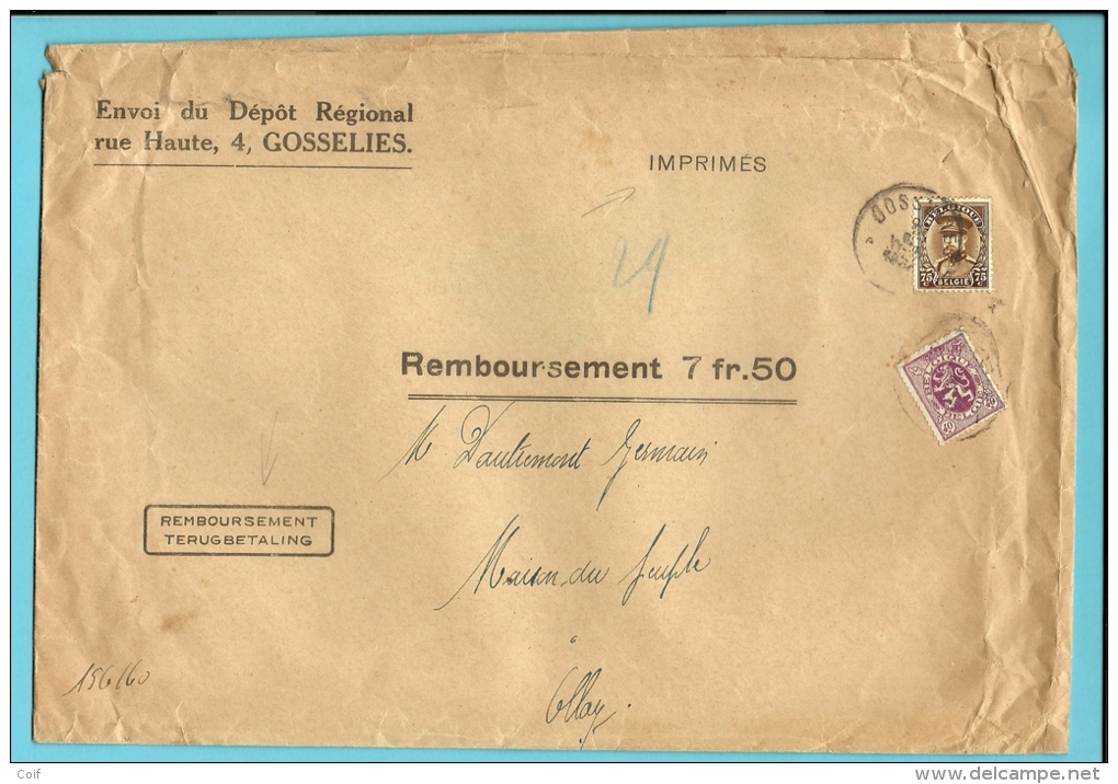 284+341 Op IMPRIMES-REMBOURSEMENT Brief Met Stempel GOSSELIES, En Tweetalige Stempel TERUGBETALING / REMBOURSEMENT !!!! - 1931-1934 Képi