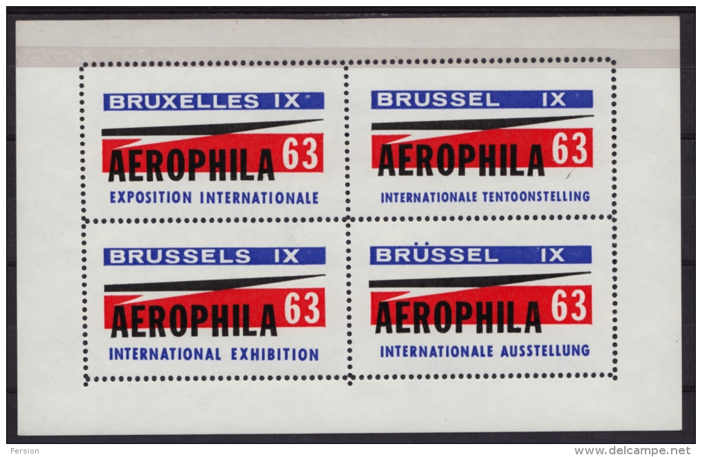 Belgium - Philatelic Exhibition AEROPHILA BRUXELLES 1963 Brussel - Philatelist Memorial Sheet LABEL VIGNETTE CINDERELLA - Autres & Non Classés