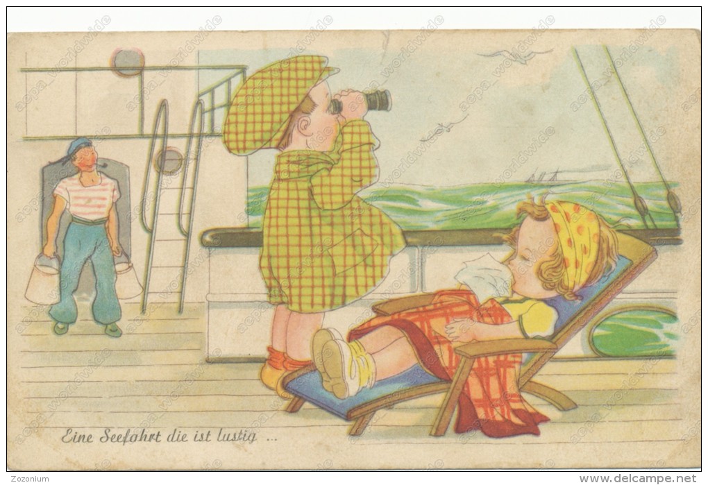 Enfants - Illustration Seasickness, Seekrankheit, Lustige Seefahrt Mädchen Mit Fernglas, AMAG No.0434, Vintage Postcard - Humorous Cards