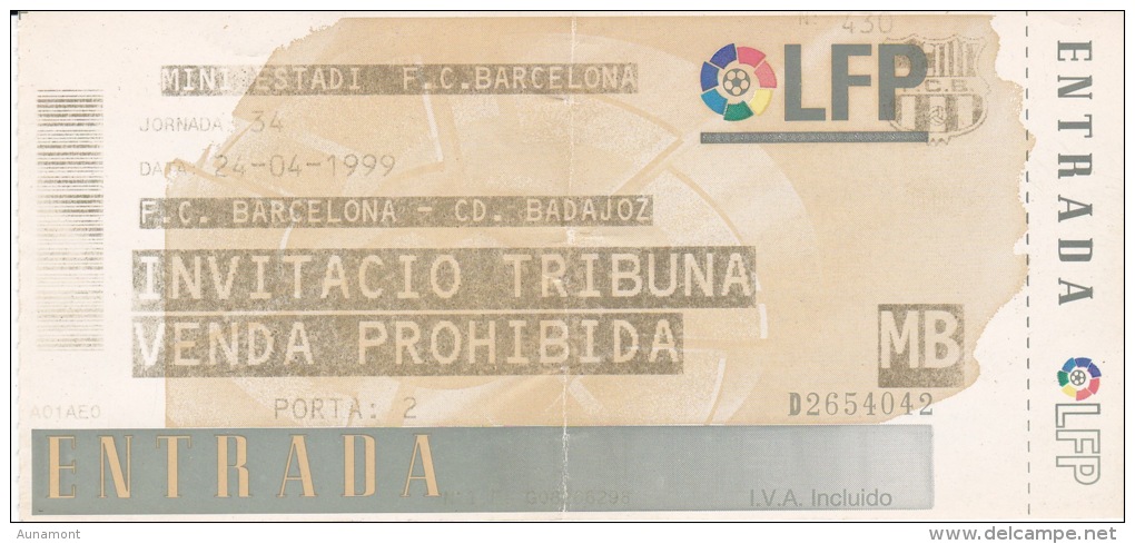 España--Futbol--F.C.Barcelona--CD.Badajoz--Jornada 34--1999 - Tickets - Entradas