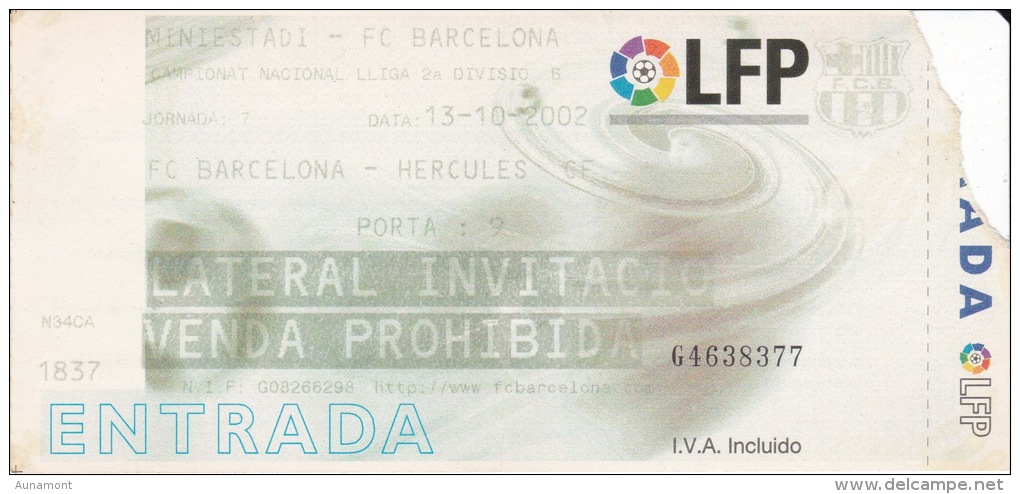 España--Futbol--F.C.Barcelona--Hercules, CF.--Jornada 7--2002 - Tickets - Entradas