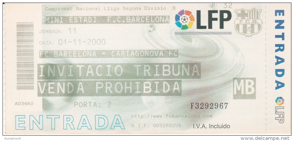 España--Futbol--F.C.Barcelona--Cartagonova FC.--Jornada 11--2000 - Tickets - Entradas