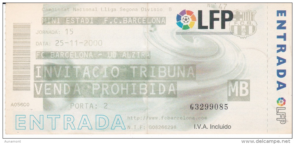 España--Futbol--F.C.Barcelona--UD Alzira--Jornada 15--2000 - Tickets - Entradas