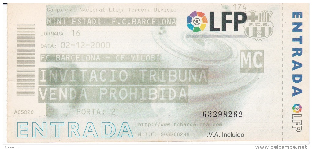 España--Futbol--F.C.Barcelona--CF Vilovi--Jornada 16--2000 - Tickets - Entradas