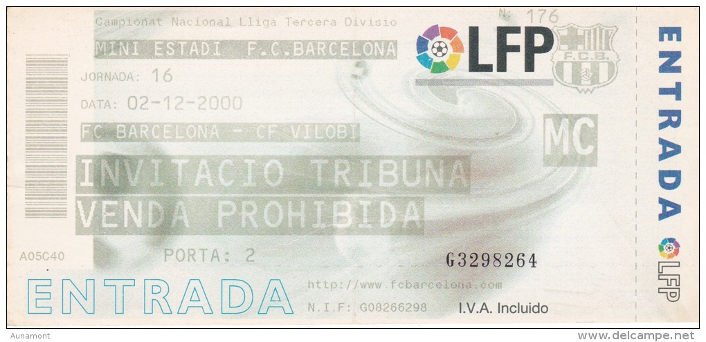 España--Futbol--F.C.Barcelona--CF Vilovi--Jornada 16--2000 - Tickets - Entradas