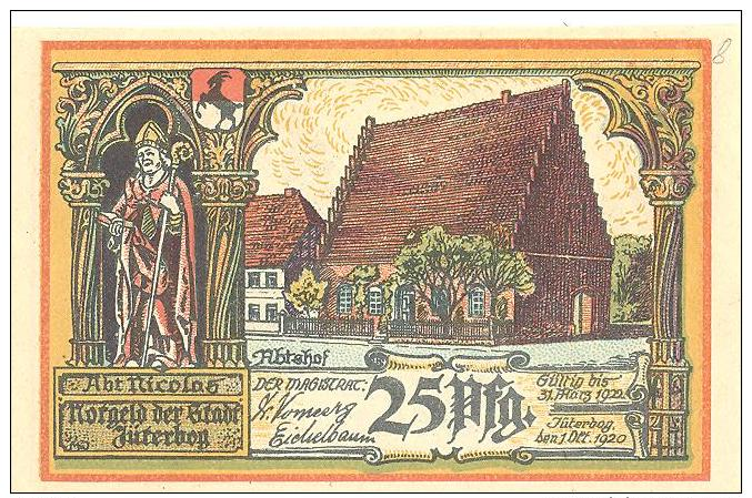 Jüterbog  25 Pfennig  1. Oct. 1920   Abtshof   Und Heilige Geist Kapelle   Schneidewein  Reformation - Lokale Ausgaben