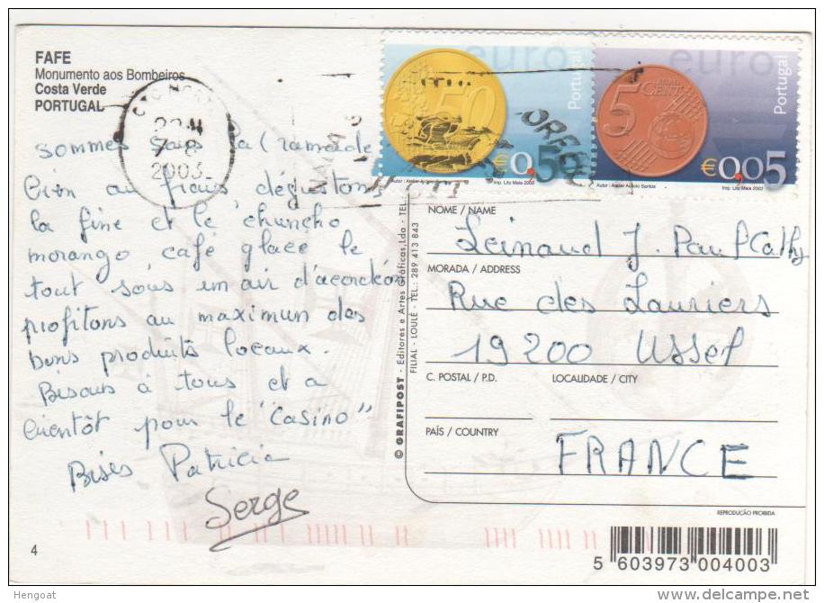 2 Beaux  Timbres, Euro , Sur Carte , Postcard Du 7/8/03 De Fafe - Cartas & Documentos