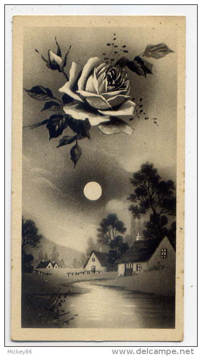 Petite Carte --type Mignonnette---Paysage La Nuit,lune,--fleur -- Rose---format   60mm X 110mm - Autres & Non Classés