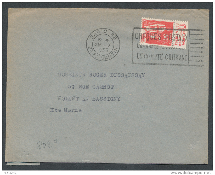 Paix 50c Rouge Type II Avec Pub Fer à Cheval Sur Lettre De Paris Pour Nogent En Bassigny (Hte Marne) Voir Verso - Cartas & Documentos