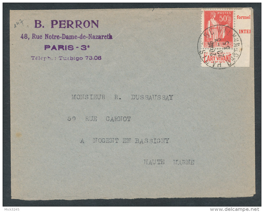 Paix 50c Rouge Type II Avec Pub Art Vivant Sur Lettre  De Paris Pour Nogent En Bassigny (Hte Marne) - Storia Postale