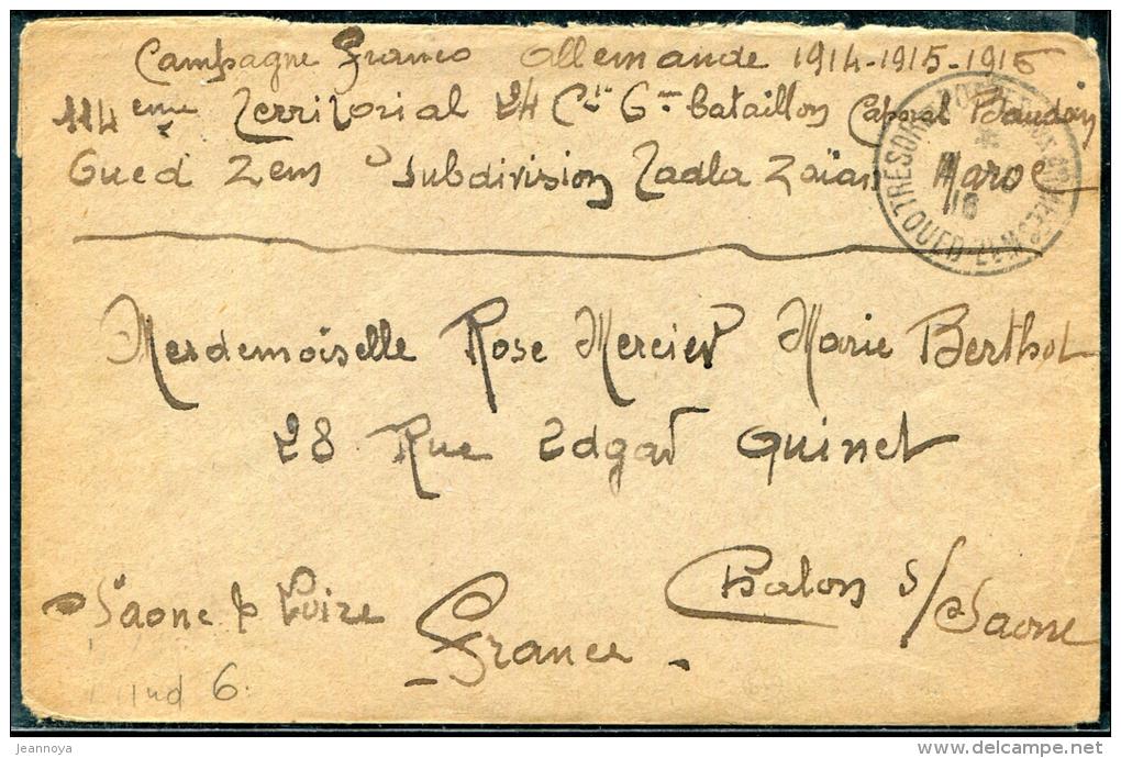 MAROC - LETTRE EN FRANCHISE MILITAIRE, TRESOR ET POSTES AUX ARMÉES / OUED ZEM LE 2/6/1916 - TB - Covers & Documents