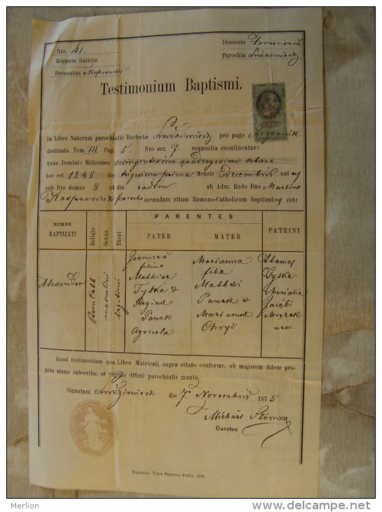 Old Document  - Poland -Galicia - 1875 -Ludzmierz - TYLKA    TM013.6 - Naissance & Baptême