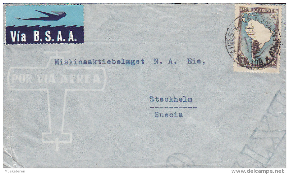 Argentina Airmail Via Aerea VIA B.S.A.A. Label BUENOS AIRES Cover Letra To STOCKHOLM Sweden (2 Scans) - Luchtpost