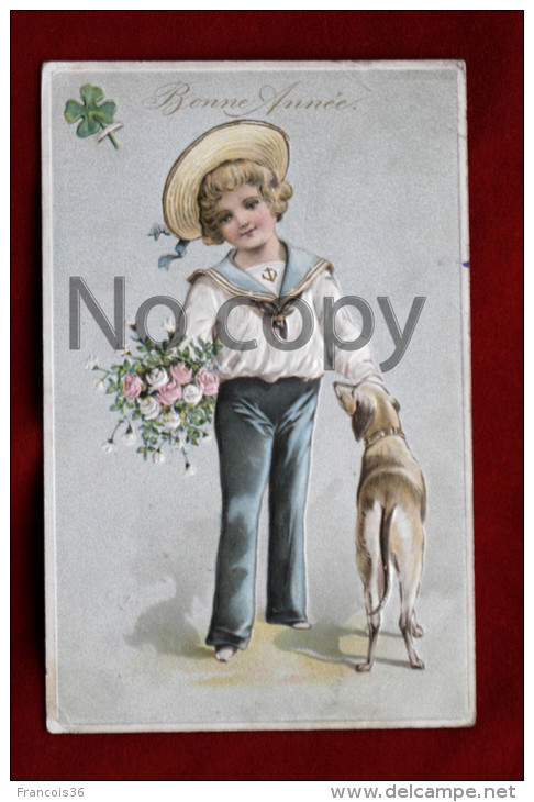 Jeune Garçon &amp; Chien - Carte Gauffrée Bonne Année - Embossed New Year Card - Young Boy &amp; Dog - Trèfle - Chiens