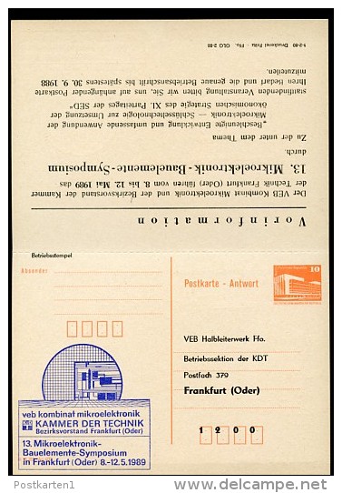 DDR P88-1-88 C1 Antwort-Postkarte ZUDRUCK MIKROELEKTRONIK Frankfurt/O. Stpl. 1989 - Private Postcards - Used