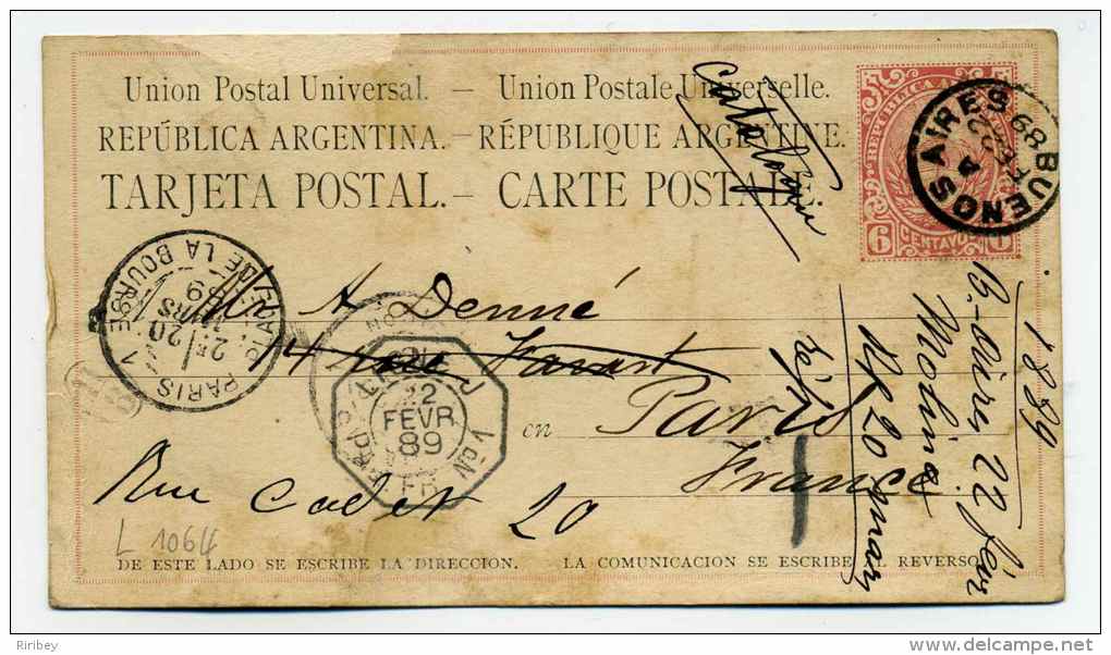 Entier ARGENTINE / Cad Ligne Maritime : LIGNE J PAQ FR N°1 Ref Pothion N° 1067 /  Paquebot : "Catalogne"  / 22 Fev 1889 - Covers & Documents
