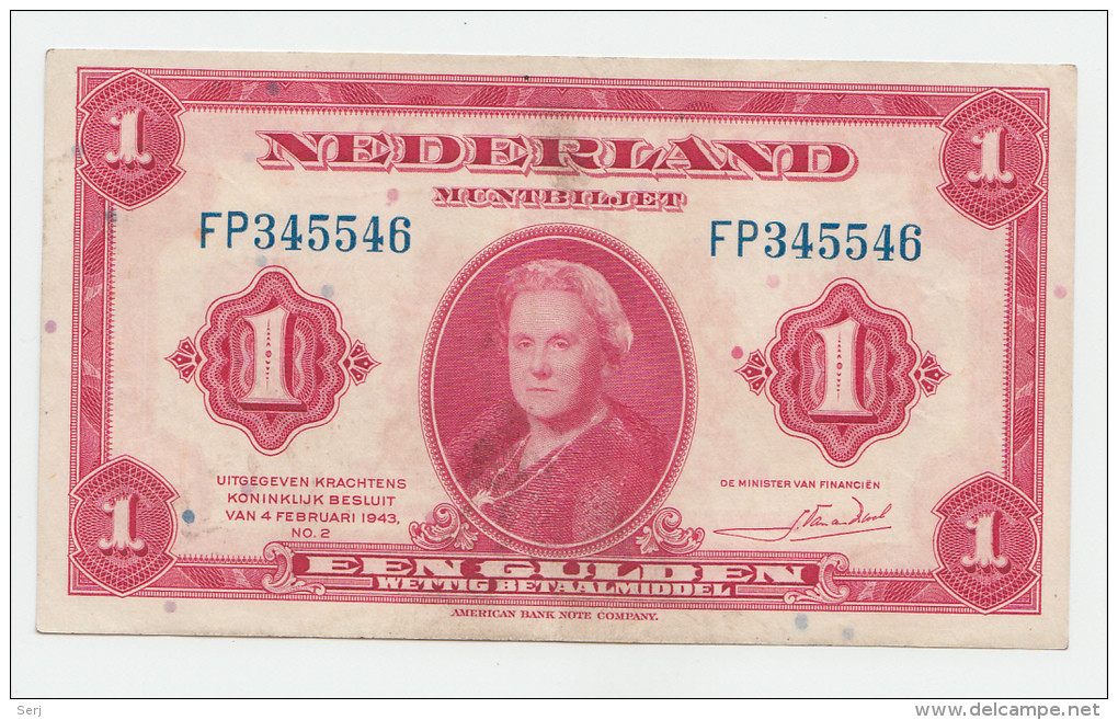 Netherlands 1 Gulden 1943 VF+ P 64 - 1  Florín Holandés (gulden)